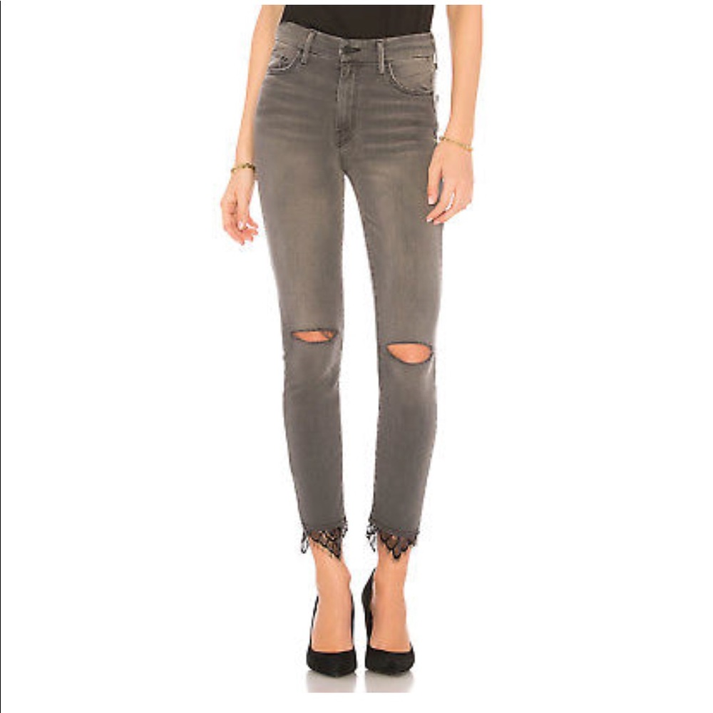 MOTHER Grey Skinny Jeans with Knee Rips